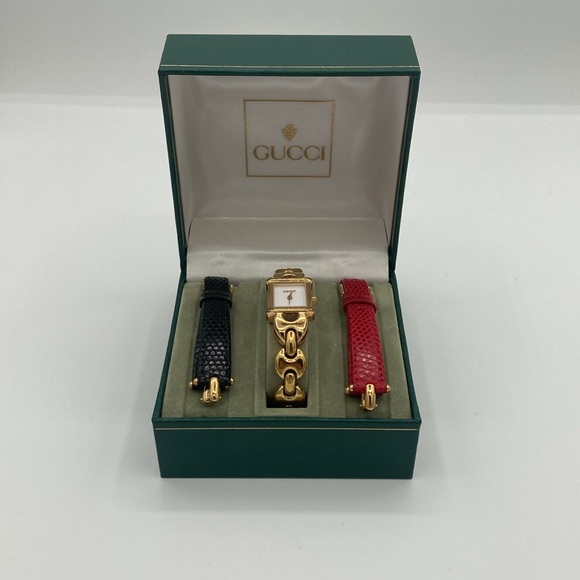 Vintage GUCCI Swiss Made Gold watch with Black/Red Bands w/ Original Boxes -HOT! - Picture 4 of 14